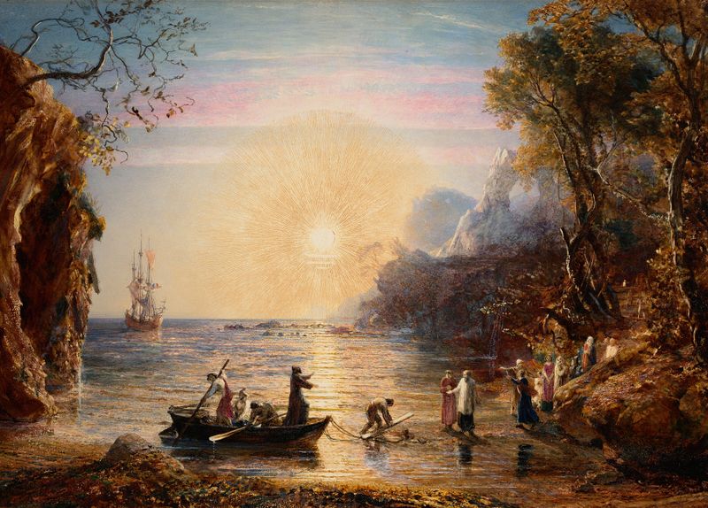 St. Paul Landing in Italy de Samuel Palmer, óleo sobre tela, representando um pôr do sol sobre águas tranquilas com figuras.