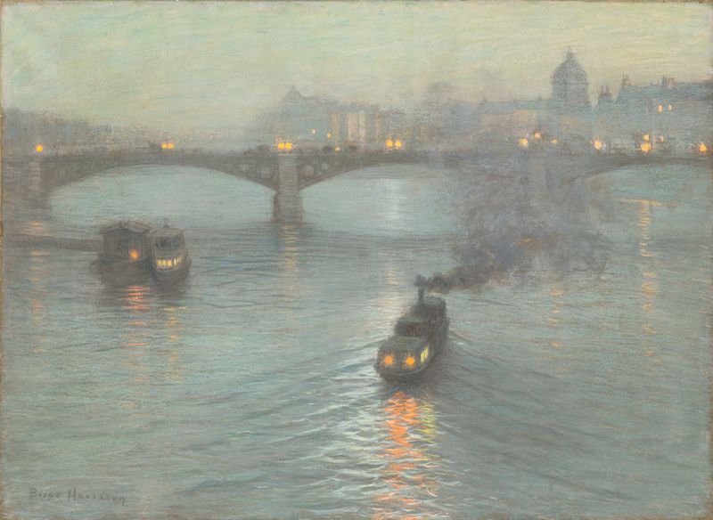 Evening on the Seine, oil painting by Birge Harrison depicting a tranquil sunset over the river.