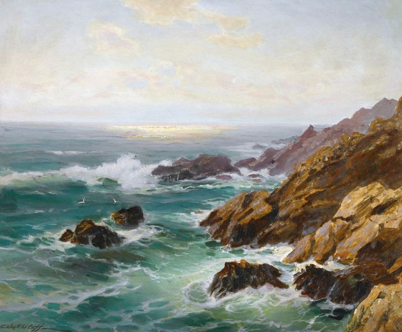 Seascape by Constantin Westchiloff, oil painting depicting waves and horizon.