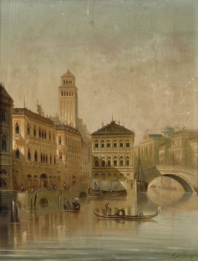 Venedig by August Von Siegen, oil painting depicting a tranquil canal scene.