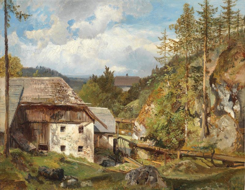 Die Mühle im Wald by Emil Jakob Schindler, oil on canvas depicting a tranquil forest scene.