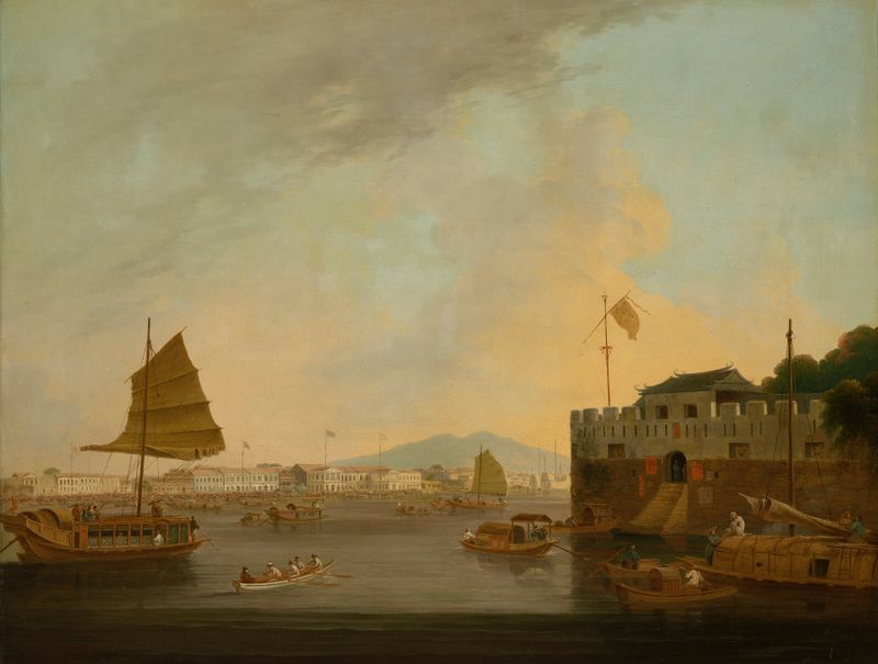 Aquarela de Thomas Daniell mostrando as fábricas europeias e o forte Dutch Folly, Cantão, com rio e arquitetura.