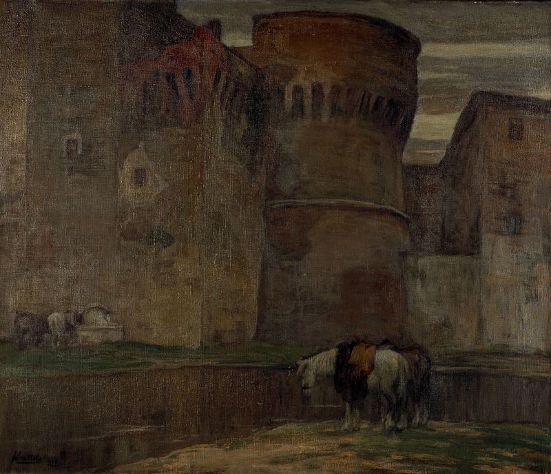 A Castle in Umbria by Ferruccio Scattola, oil painting depicting a twilight landscape with warm ochres.