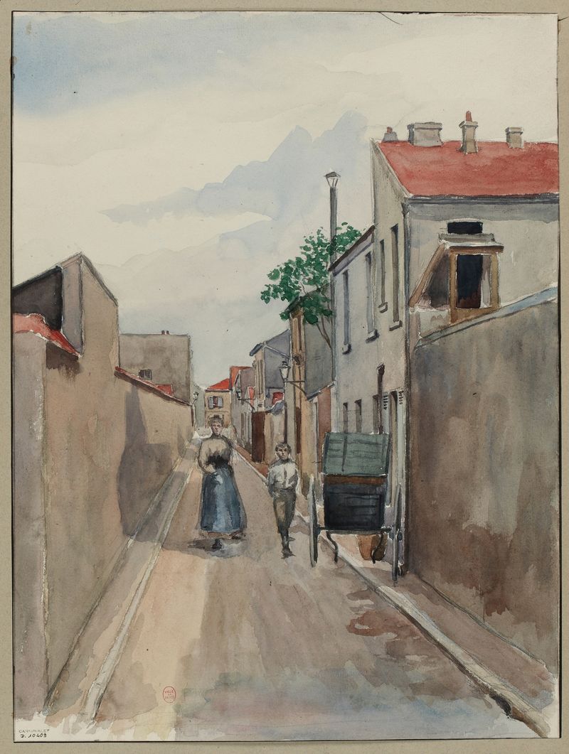 Paisagem com luz filtrada em um caminho de paralelepípedos por F. Séguin, 1896