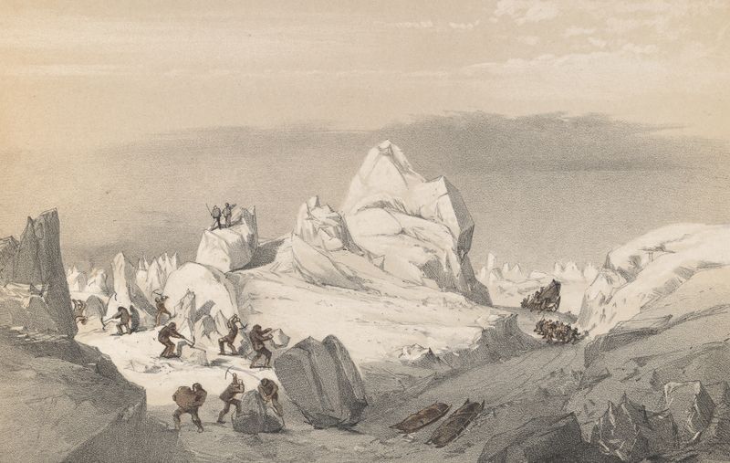 Historical scene of laborers in an arctic landscape by Walter William May, oil painting
