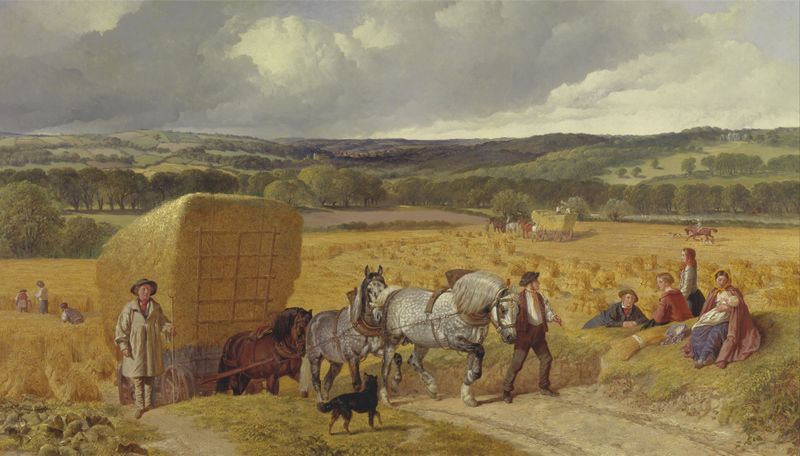 Harvest de John Frederick Herring Snr., óleo sobre lienzo que representa a trabajadores recogiendo trigo bajo un vasto cielo.