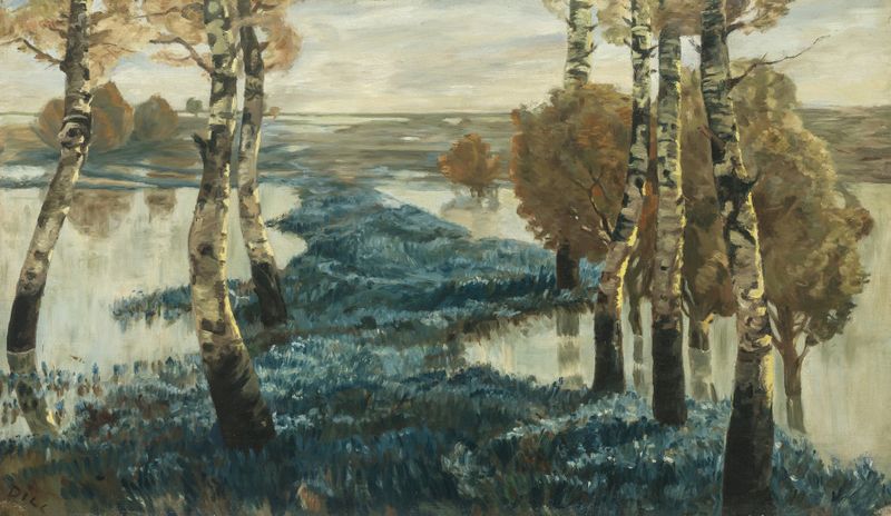 Lush sage fields stretch towards the horizon in an impressionist style by Ludwig Dill.