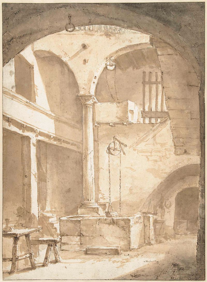 Interior scene featuring a well in a courtyard, oil painting by Thomas Wijck
