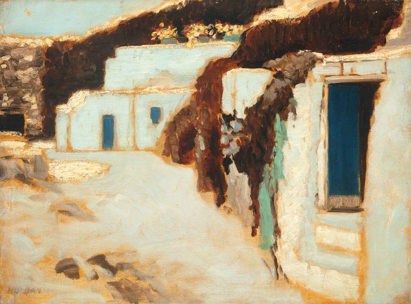 Oil on canvas by Hermann Urban depicting blue doors in Ponza with sunlight.