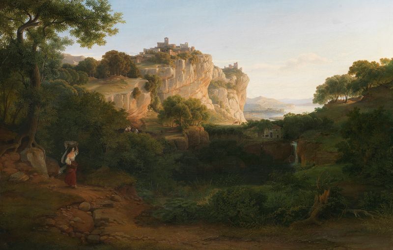 Blick auf Olevano by Alexander Herrmann, oil painting depicting a vibrant landscape with dramatic clouds.
