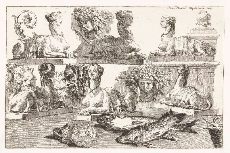 Gravura de Giovanni Domenico Tiepolo com esfinges, sátiros, flora e peixes