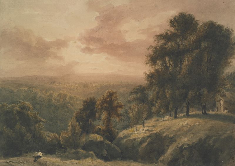 Evening landscape by William Westall, oil painting depicting a tranquil dusk with golden sky.