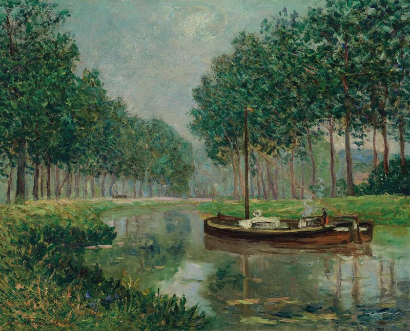 Chaland sur le canal de Maxime Maufra, óleo sobre tela que retrata uma cena tranquila de canal