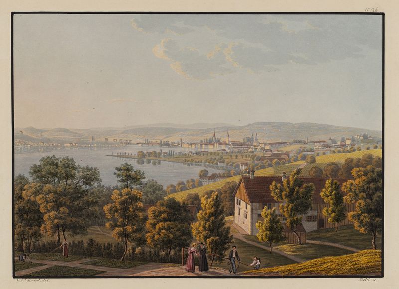Paisagem de Zurique com lago e céu, óleo sobre tela de David Alois Schmid