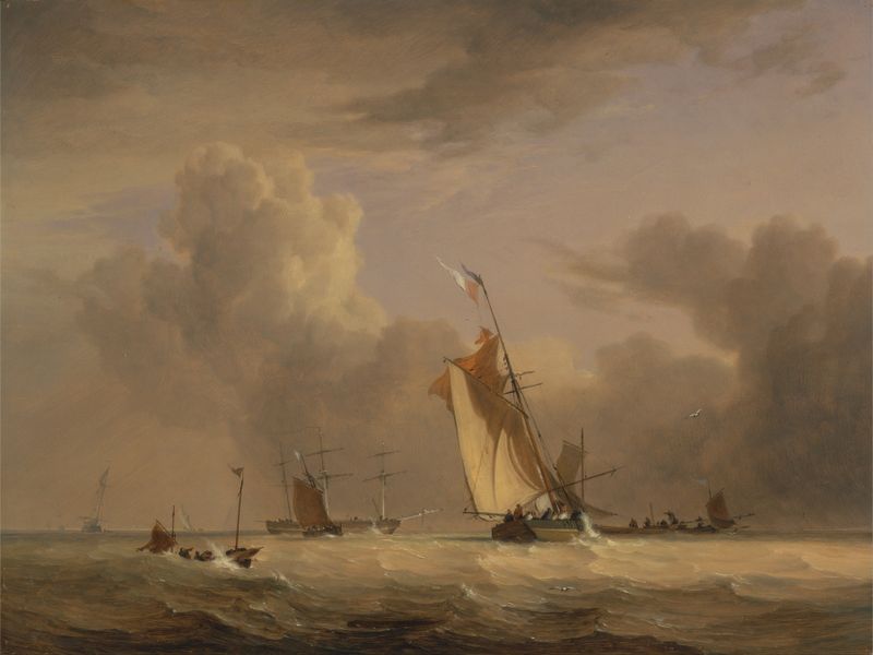 Fishing smack and vessels in a strong breeze, oil painting by Joseph Stannard
