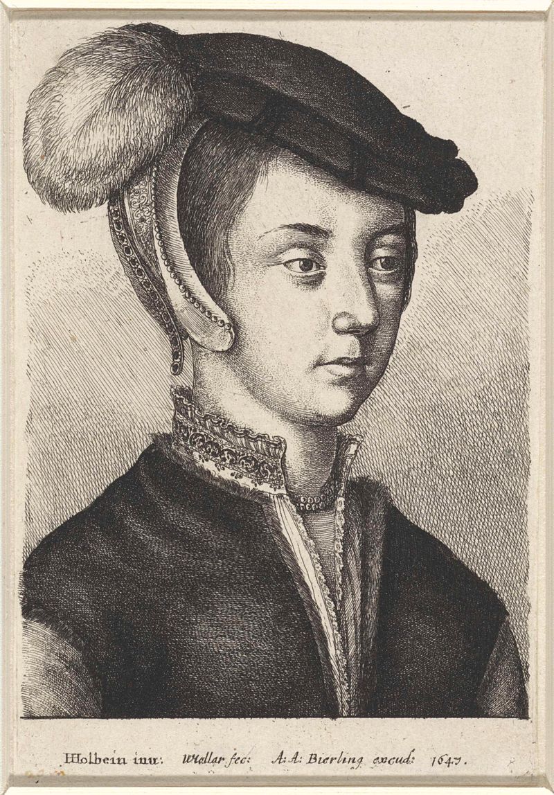 Grabado de Wenceslaus Hollar de una joven con un bonete de plumas