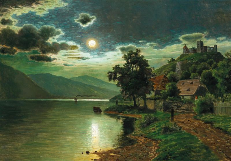 A Moonlit Night on a Lake by Fritz Chwala, oil painting depicting tranquil lake under moonlight.