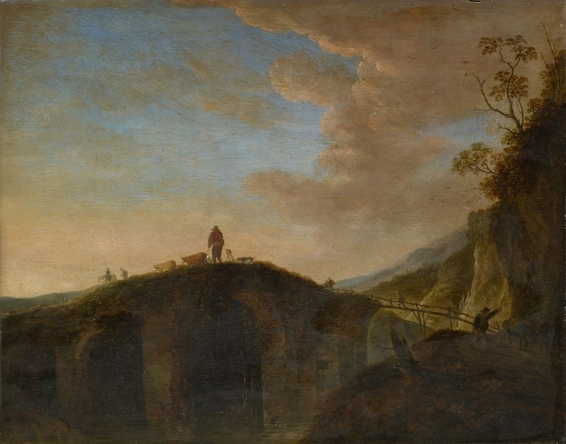 Stone Bridge de Peeter van Bredael, óleo sobre lienzo que representa un puente de piedra sobre un río