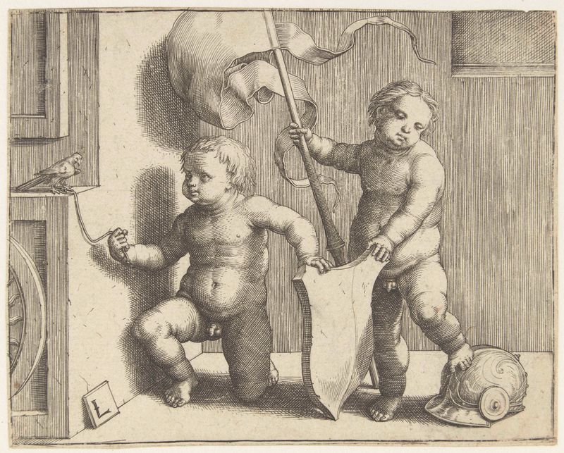 Gravura de Lucas van Leyden de dois meninos com um escudo, um capacete e uma bandeira.