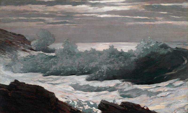 Early Morning After a Storm at Sea de Winslow Homer, pintura al óleo que muestra olas turbulentas y un horizonte suave.