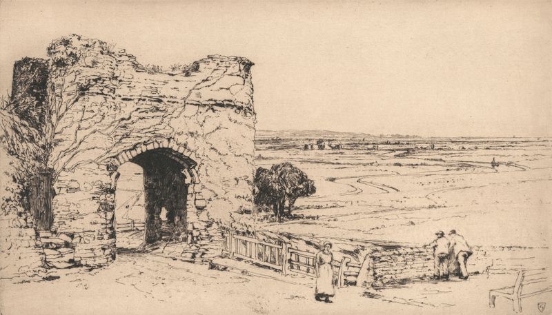 Engraving by Sir Frank Short depicting The Strand Gate, Winchelsea with morning light.