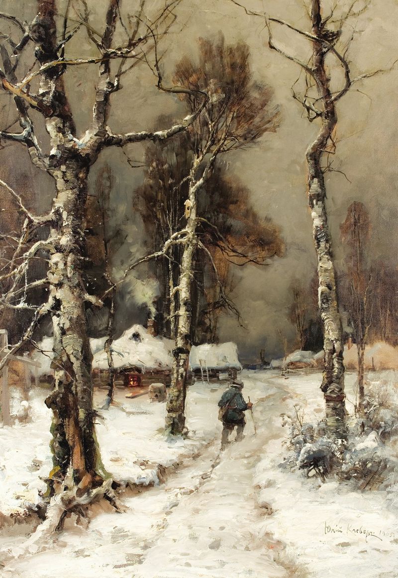 Winter landscape with a path through snow and trees by Julius Sergius Klever, oil painting