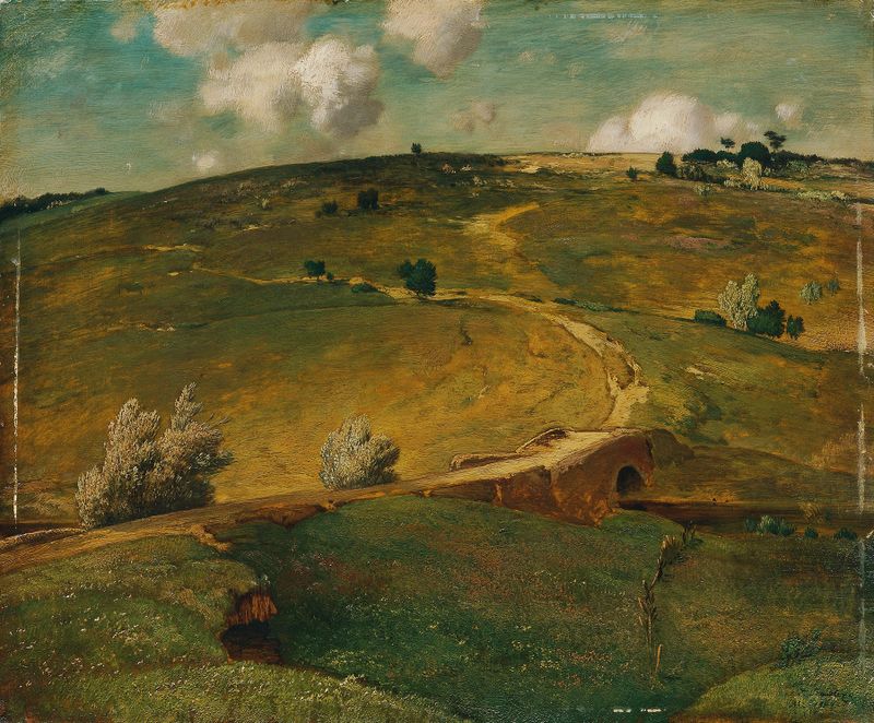 Romantic landscape depicting hills and trees by Toni von Stadler