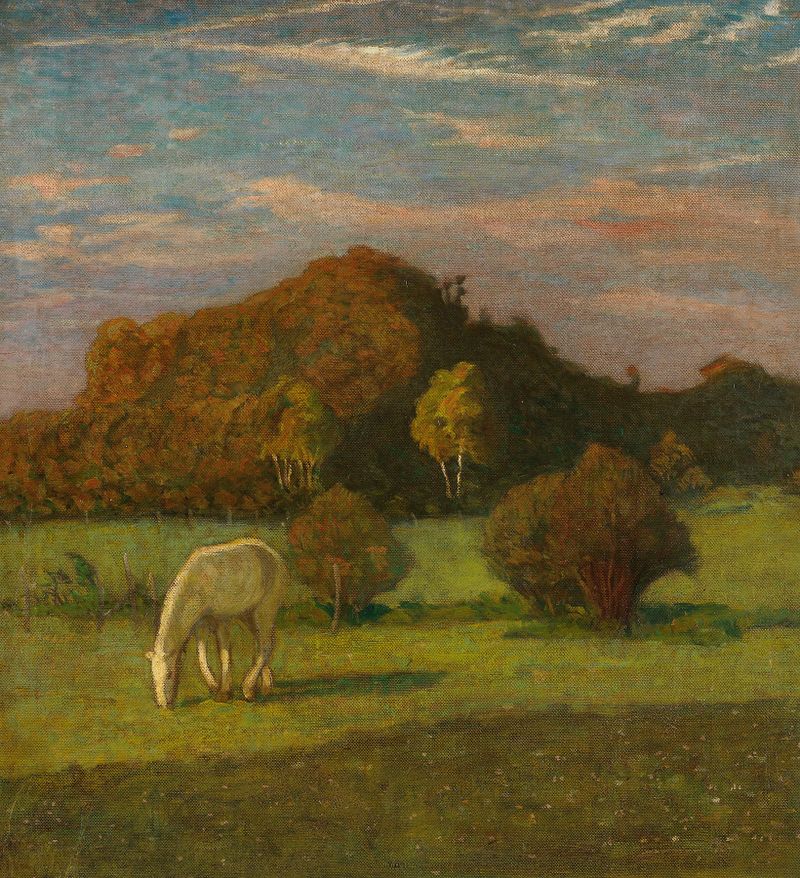 Paisaje con caballos y árboles, óleo sobre lienzo de Heinrich Nauen