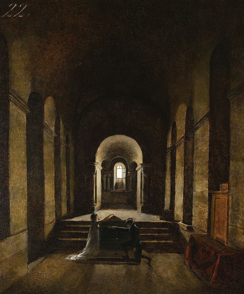 Vow (chapel interior) by François-Marius Granet, oil painting of a figure in prayer illuminated by stained glass.