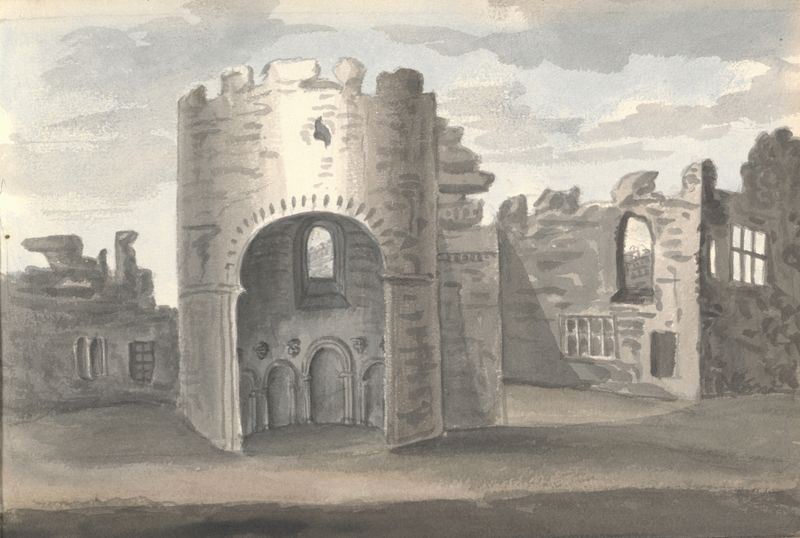 Ludlow Castle landscape by Anne Rushout, oil painting depicting craggy stone walls and sunlight.