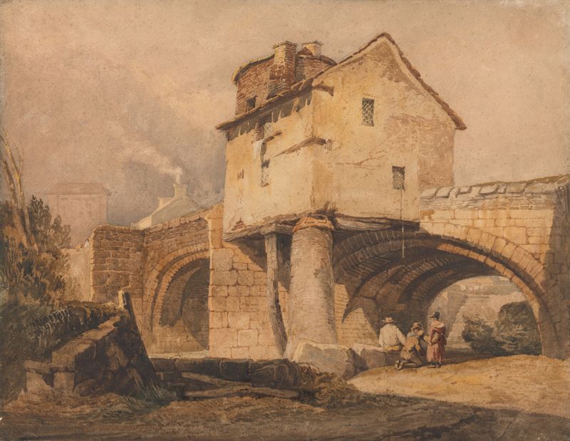 El Puente Monnow, Monmouthshire de Samuel Prout, pintura al óleo que representa un puente de piedra sobre un río.