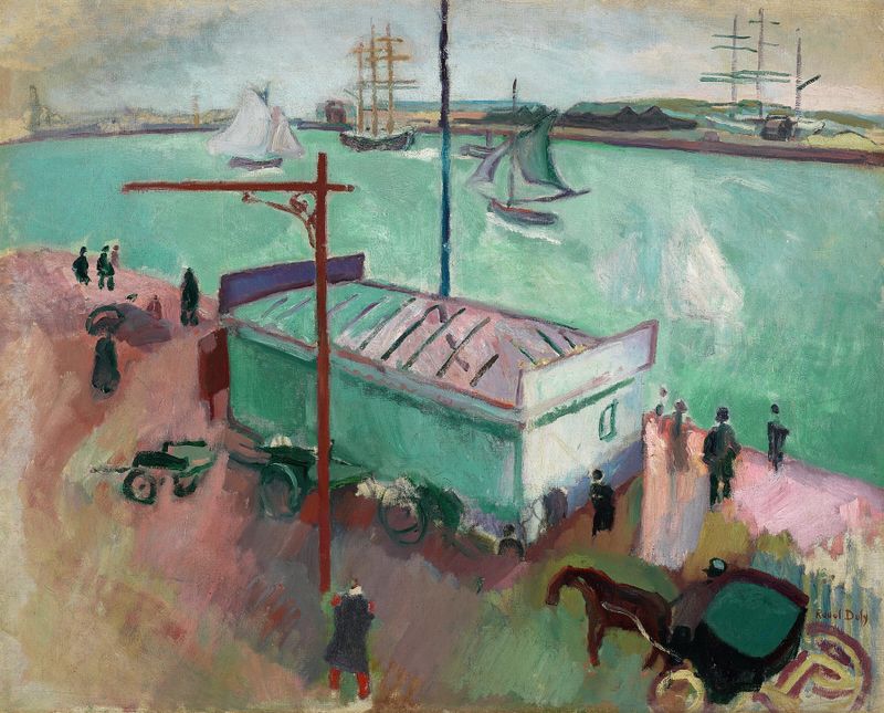 Le Port du Havre by Raoul Dufy, oil painting depicting a vibrant harbor with boats and sea.