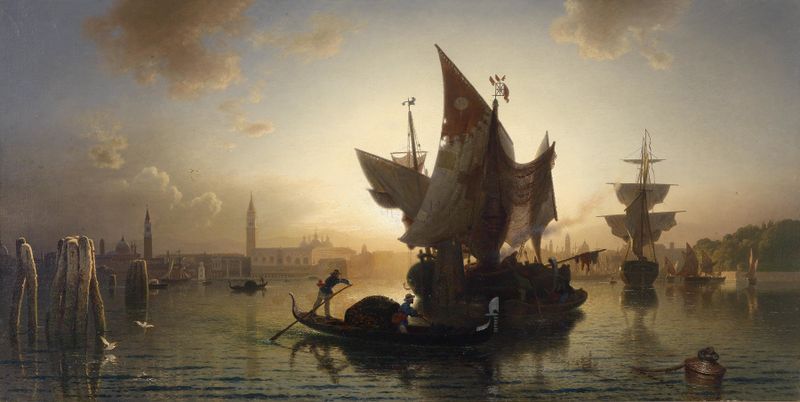 Venedig bei Sonnenuntergang by Ludwig Meixner, oil painting depicting a sunset over a canal.