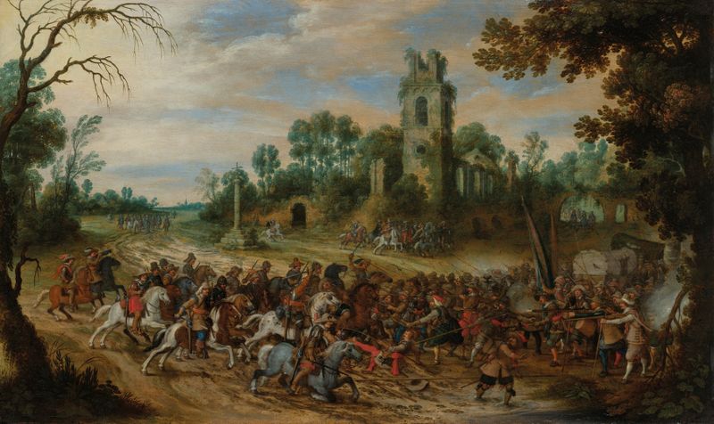 Cena histórica de soldados em batalha entre ruínas de Sebastiaen Vrancx, pintura a óleo