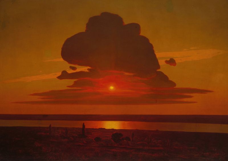 Red Sunset on the Dnieper by Arkhip Ivanovich Kuindzhi, oil on canvas depicting a sunset over the Dnieper River