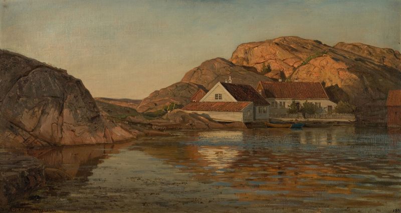 Pintura al óleo de Amaldus Nielsen que muestra una costa tranquila al atardecer