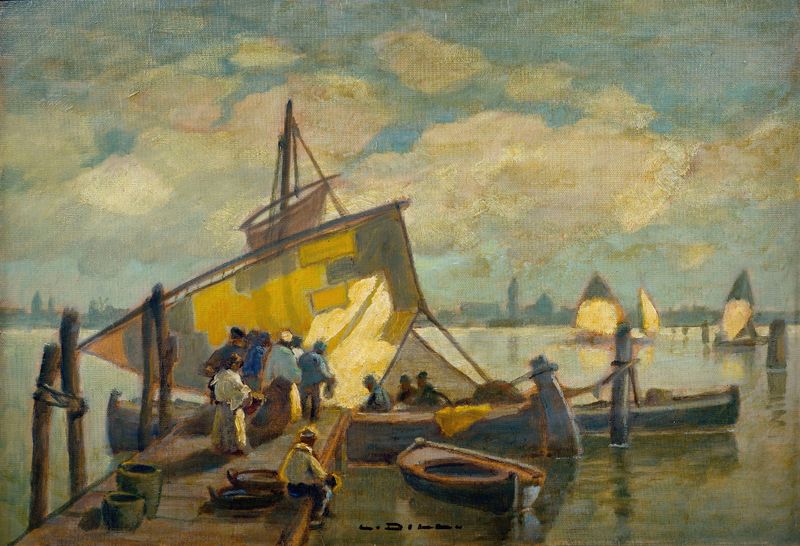 Arrival of the fishing boat, oil on canvas by Ludwig Dill