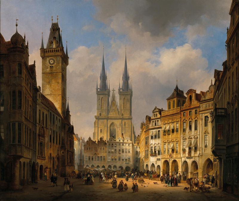 Cena de gênero de um mercado em Praga, pintura a óleo de Ambros Ivo Vermeersch