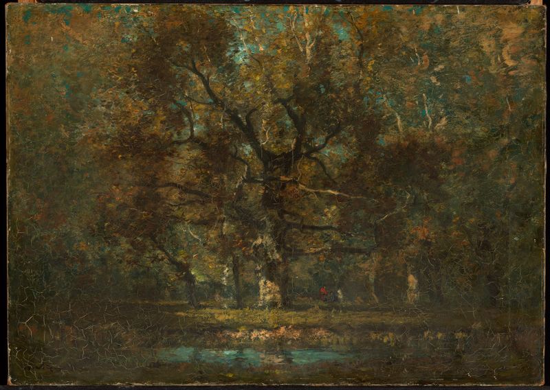 Oak Tree by Henry Ward Ranger, oil on canvas depicting a gnarled oak tree with light filtering through leaves.