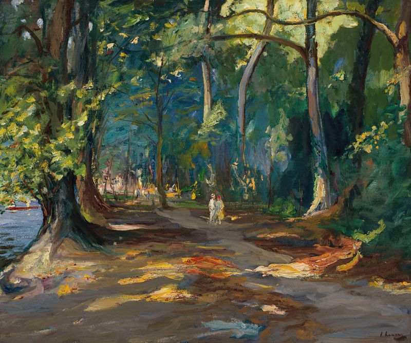 Oil painting by Sir John Lavery depicting a river, path, and soft light