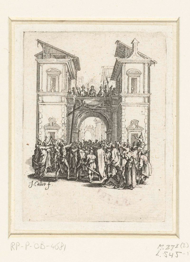 Grabado Ecce homo de Jacques Callot que muestra a Cristo con tristeza entre una multitud.