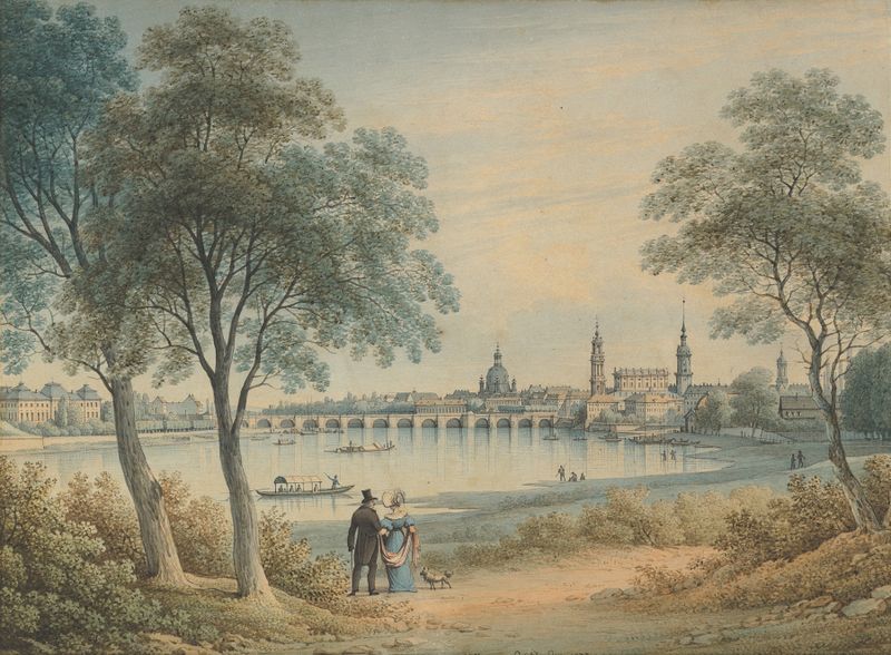 Paisaje que muestra el horizonte de Dresde con río, creado por Christian Gottlob Hammer en óleo