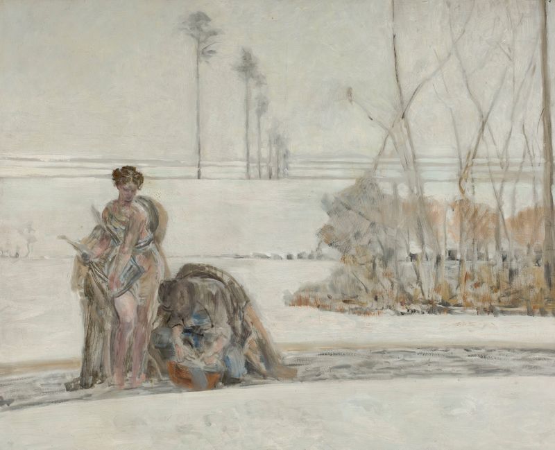 Paisaje invernal de Jacek Malczewski, pintura al óleo que muestra árboles cubiertos de nieve.