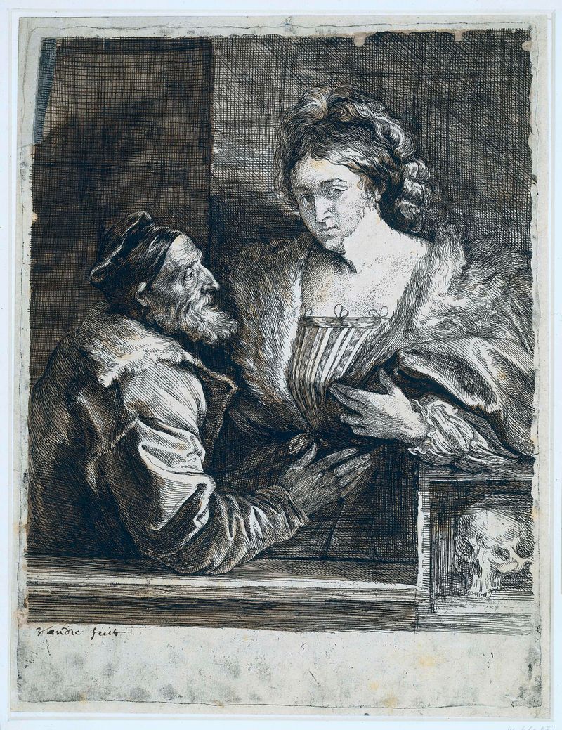 Etching by Anthony van Dyck depicting Titiaan and his mistress in an intimate moment