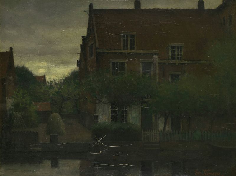 Overcast Day by Eduard Karsen, oil on canvas, depicting a tranquil landscape with a gray sky.