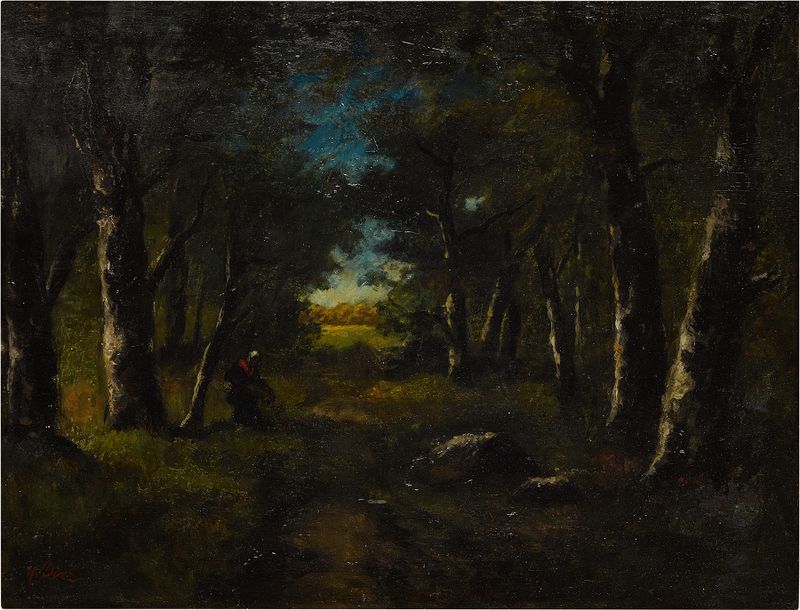 Foraging in the Forest, oil painting by Narcisse-Virgile Diaz de La Peña, depicting a lush forest scene.