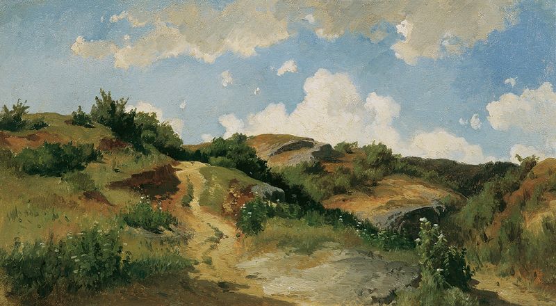 Landscape featuring hills and sunlight by August Schaeffer von Wienwald, oil painting