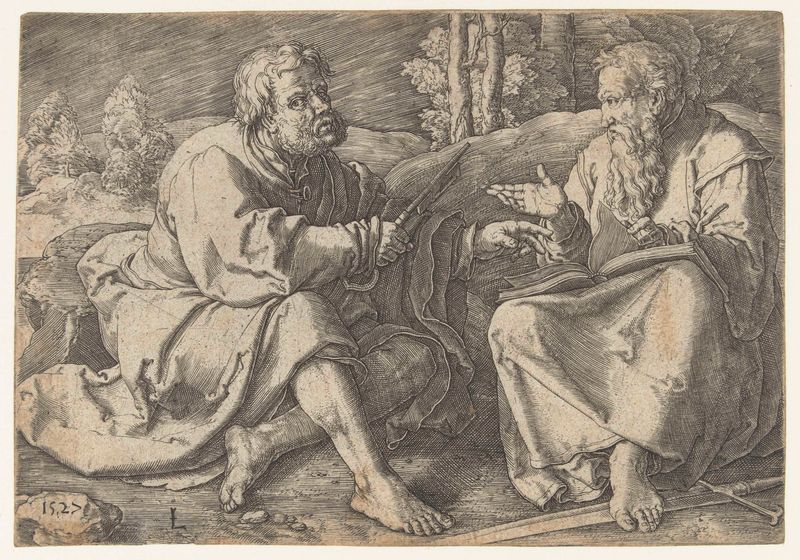 Grabado de Lucas van Leyden que representa a Paulus y Petrus sentados en un paisaje.