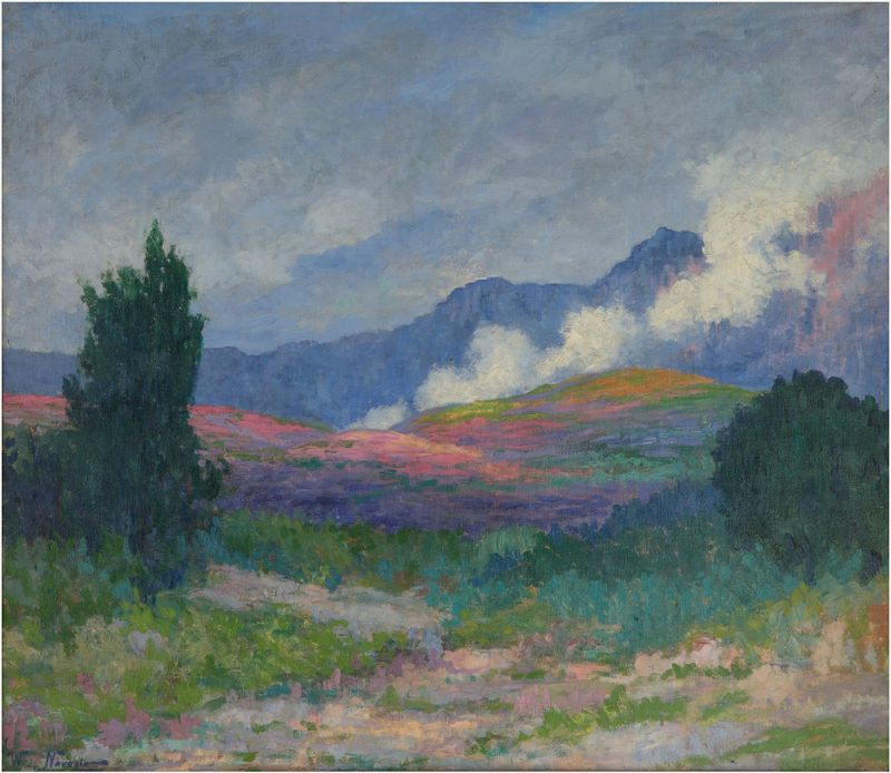 Nubes en la sierra, oil on canvas by Walter de Navazio depicting mountains and clouds.