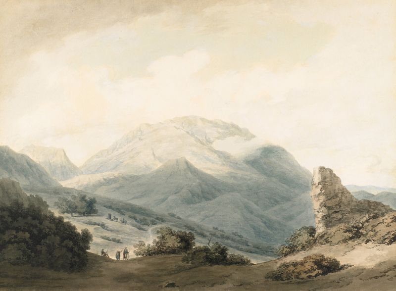 Watercolour by John Robert Cozens depicting Mount Parnassus with mist and vibrant sky.